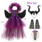 Maleficent Costume Deluxe Girls Halloween Carnival Party Black Trailing Mesh Dress Kids Cosplay Demon Queen Witch Clothes