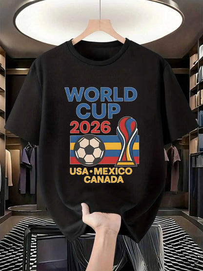FIFA World Cup 2026 Soccer Trophy Ball Graphic Print Men'S Summer Mesh T-Shirt, Streetwear And Sporty Chic Style, Round Neck Short Sleeve, Slight Elasticity, Casual Comfortable