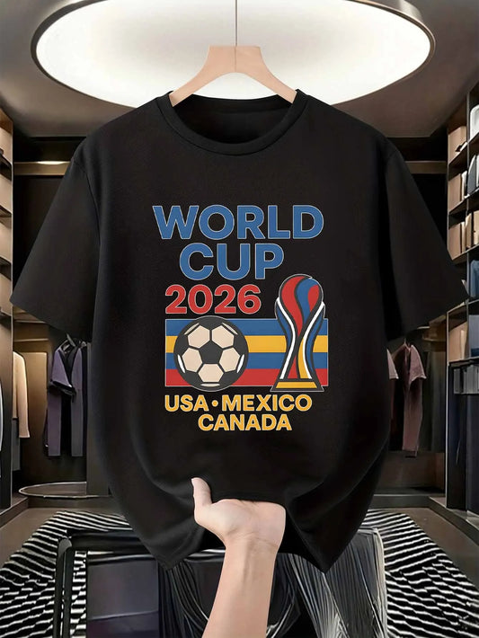 FIFA World Cup 2026 Soccer Trophy Ball Graphic Print Men'S Summer Mesh T-Shirt, Streetwear And Sporty Chic Style, Round Neck Short Sleeve, Slight Elasticity, Casual Comfortable