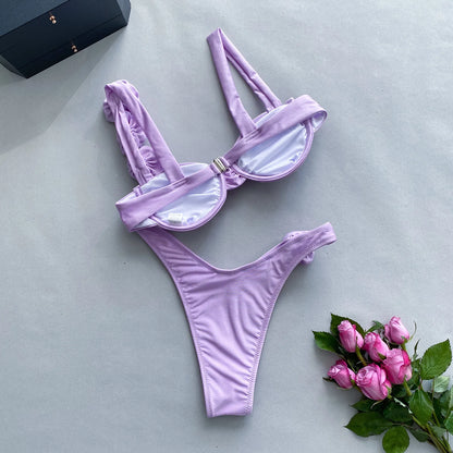2024 New Bikini Set Womens Steel Plate Solid Color Three-dimensional Flower Split Ladies Swimsuit Women