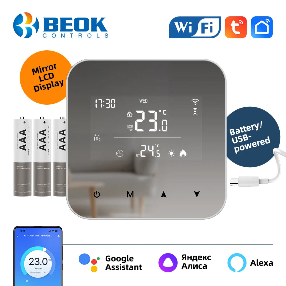 Beok Tuya Wifi Smart Thermostat Battery Powered Mirror LCD Display Gas Boiler Temperature Controller Support Alexa Google Home