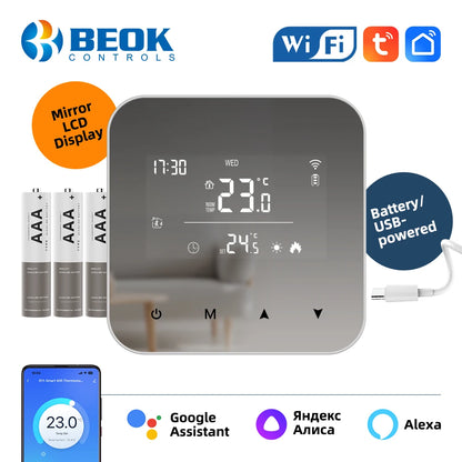 Beok Tuya Wifi Smart Thermostat Battery Powered Mirror LCD Display Gas Boiler Temperature Controller Support Alexa Google Home