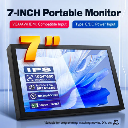 7 Inch Portable Display IPS 1024x600 LCD HDMI-compatible VGA AV Input DC Type C Power In for PC Laptop Camera TV Box DVD ScreenComputer MonitorsGoWisse.com