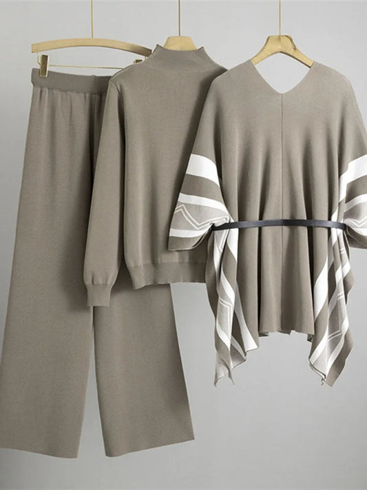 Korean Elegant Knitted 3 Piece Sets Women Sweater Pullover+chic Design Shawl Tops Conjuntos High Waist Wide Leg Pants Outfit New