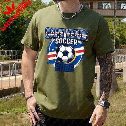 Men's T-Shirt with A Cape Verde 2026 Football Theme Printing Pattern Tshirt Cotton Short-Sleeve Summer Tops Celebration Outfit