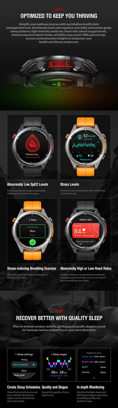 NEW Zeblaze Stratos 4 GPS Smart Watch 1.43 AMOLED Display Built-in Compass Barometric Altimeter Flashlight Voice Call Smartwatch