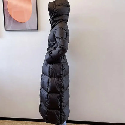 Winter New White Duck Down Down Coat Women Long Windproof Hooded Standing Neck Fashion Belt Slim Fit Coat Parkas Women