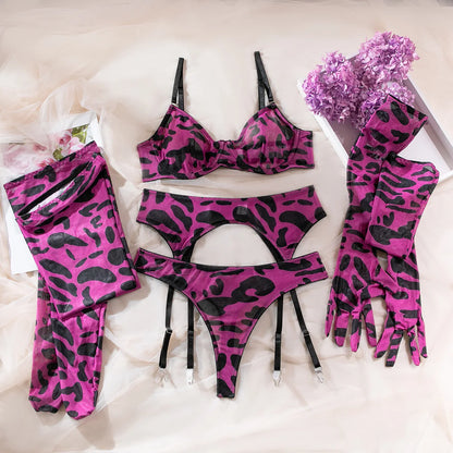 Sexy Perspective Breast Gather Printed Lingerie Set with Gloves Leg Set for Women's Five Piece Set Female Fun Bra & Brief Sets