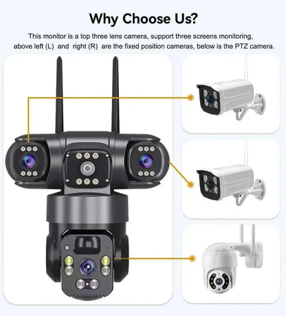 Solar WiFi Security Camera, V380 Pro  Triple Screen PTZ CCTV, AI Auto Tracking, Waterproof Outdoor Wireless Solar Camera