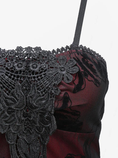 ROSEGAL Women Gothic Dress Vintage Mesh Flocking Applique Layered A Line Cami Dress Sleeveless Punk Goth Party Cocktail Dresses