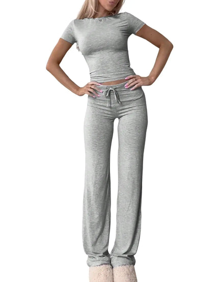 Summer Comfortable Casual Women's Home Sports Set 2025 New Fashionable Solid Color Slim Body Clothes + Trousers Two-piece Set