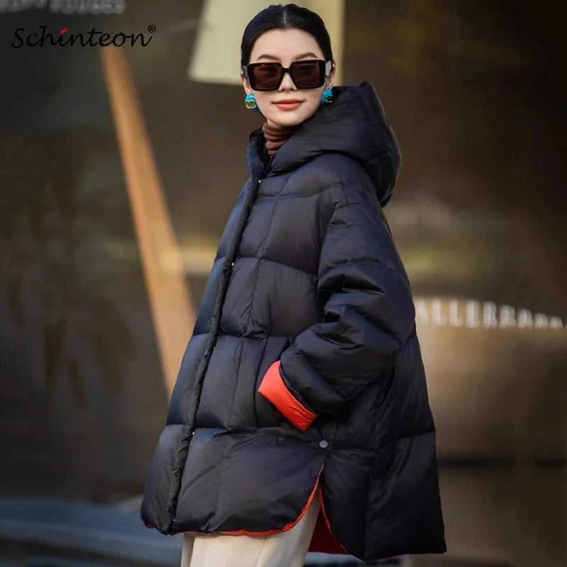 Schinteon Women Down Jacket Casual Loose Over Size Warm Autumn Winter Outwear White Duck Down with Hood Fashion Coat 2024 New