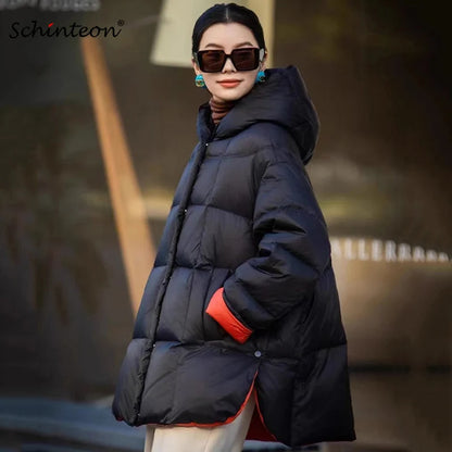 Schinteon Women Down Jacket Casual Loose Over Size Warm Autumn Winter Outwear White Duck Down with Hood Fashion Coat 2024 New