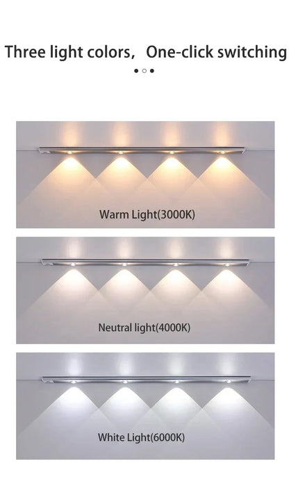 Motion Sensor LED Bar Light Rechargeable Cabinet Light 3 Colors Dimming  Kitchen Light for Closet Wardrobe Stairs 20/30/40/50cm