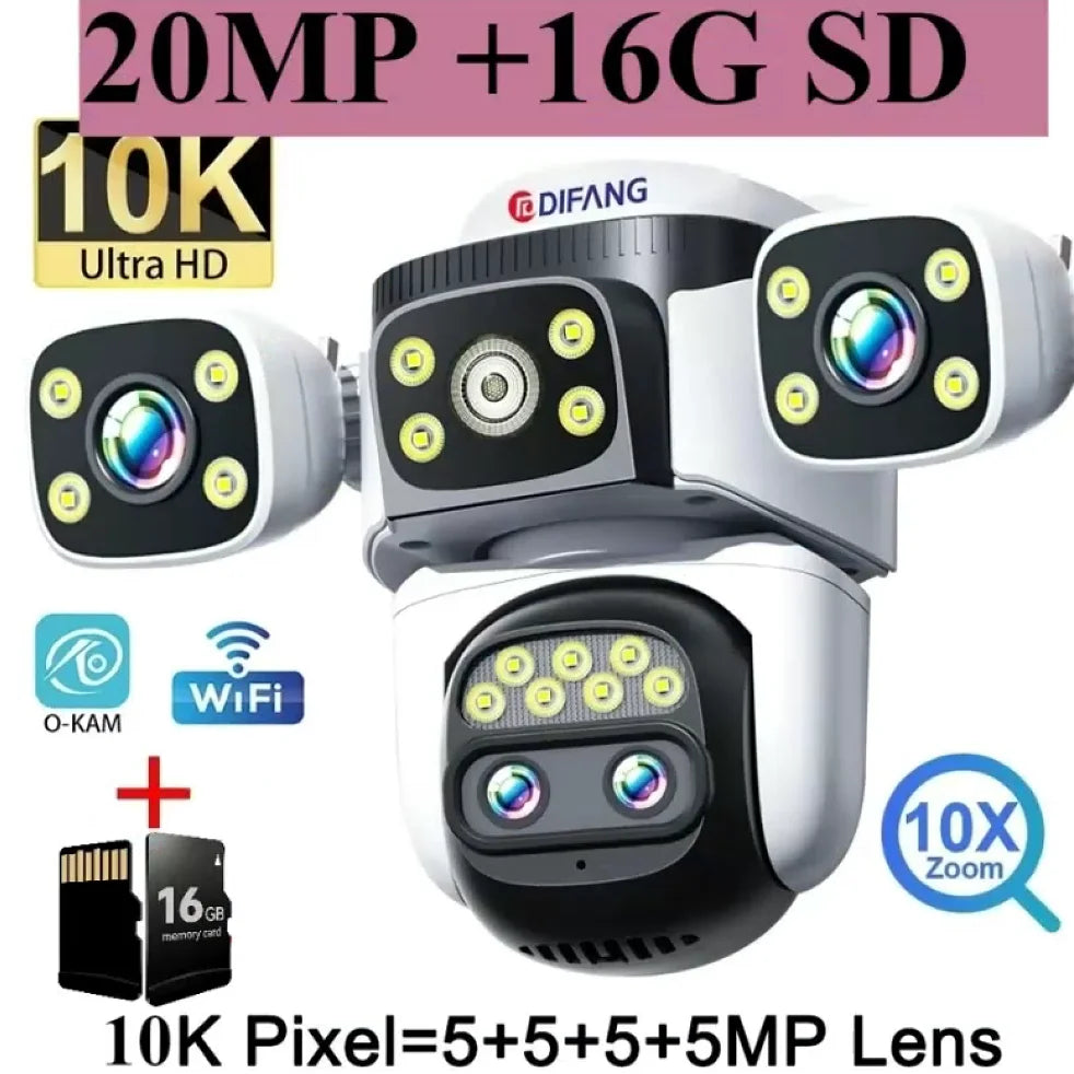 Outdoor 10K WiFi6 Camera 20MP 10X Optics Zoom Three Screen Four Len PTZ Automatic Tracking 6K Dual Lens Waterproof Security CCTV
