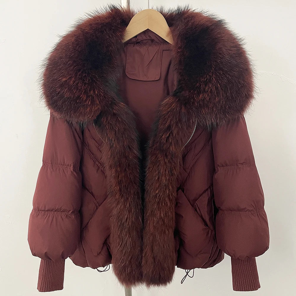 OFTBUY 2025 New Winter Large Real Raccoon Fur Puffer Coat Women Oversized Feather Down Parka Knit Sleeve White Duck Down Jacket