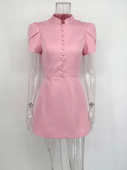 Trendix Button Patchwork Elegant Dress For Women Fashion Pleated Short Sleeve Short Dresses Femme Office Commuter A-Line Dress