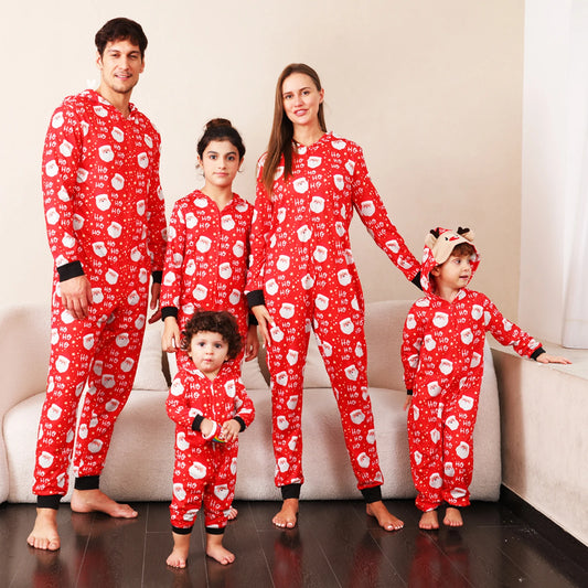 Family Matching Christmas Pajamas for Family Long Sleeve Santa Print Hooded Romper Zip Up Jumpsuits