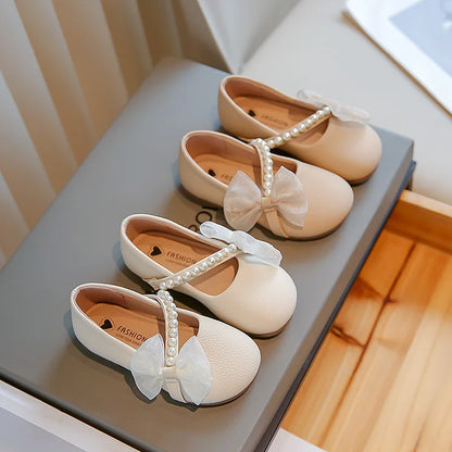 New Girl Princess Leather Shoes Chic Versatile Soft Elegant Fashion Lace Bowknot Beading Kid Loafers Wedding Slip-on Mary Janes