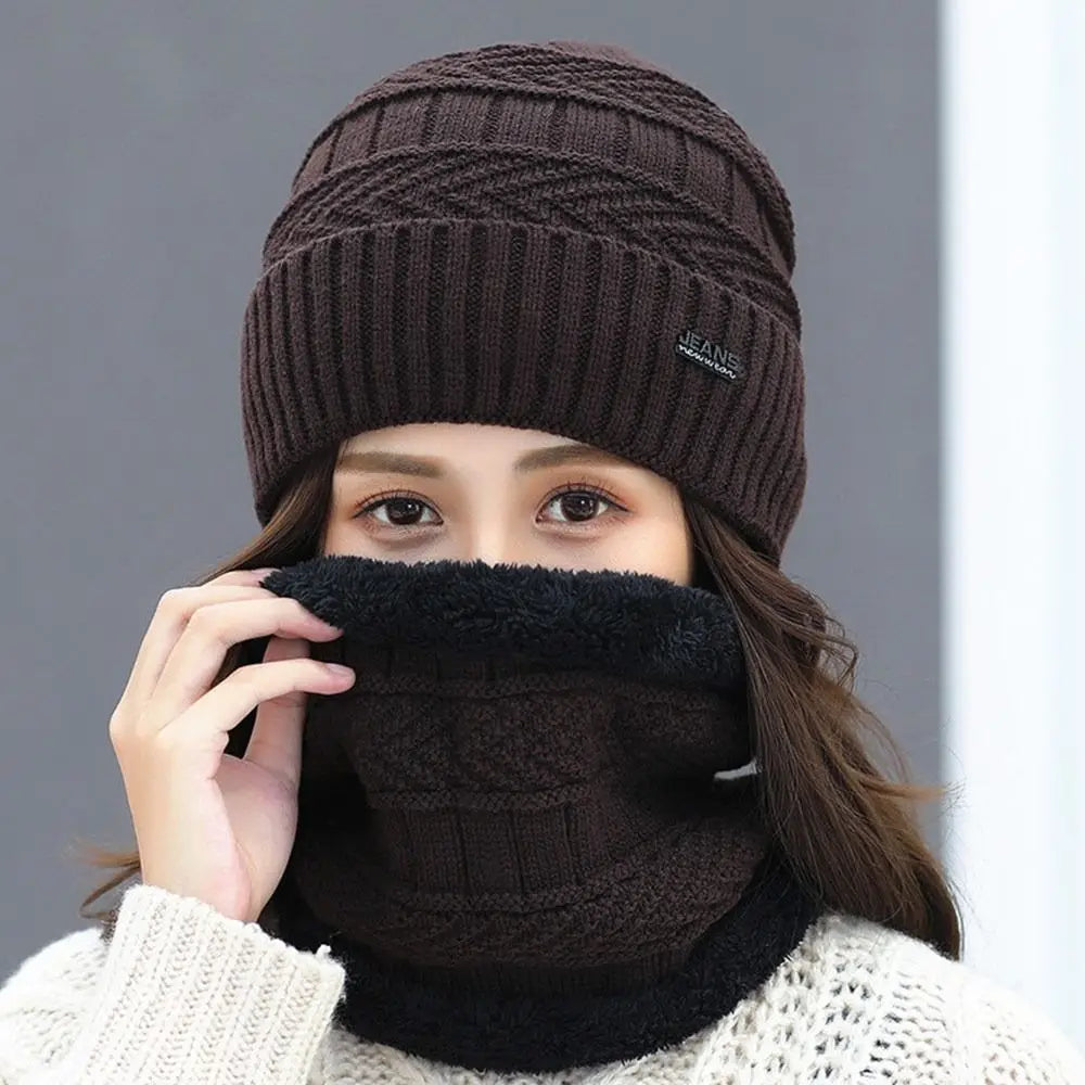 Men Women Winter Beanie Hat Scarf Casual Thermal Fleece Knitted Hat Soft Warm Balaclava Wool Neck Warmer Scarf Cap