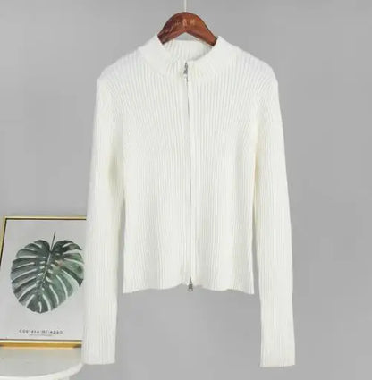Women's Sweater Spring Autumn New Solid Color Stand Collar Slim Fit Long Sleeved Double Zipper Casual Knit Sweater Jacket