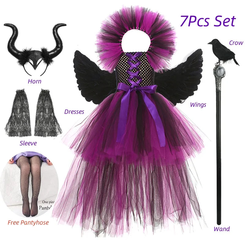 Maleficent Costume Deluxe Girls Halloween Carnival Party Black Trailing Mesh Dress Kids Cosplay Demon Queen Witch Clothes