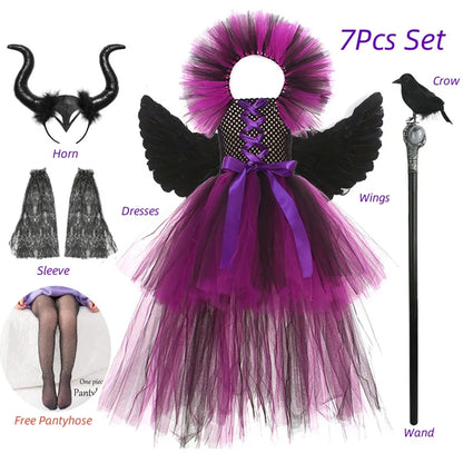 Maleficent Costume Deluxe Girls Halloween Carnival Party Black Trailing Mesh Dress Kids Cosplay Demon Queen Witch Clothes