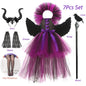 Maleficent Costume Deluxe Girls Halloween Carnival Party Black Trailing Mesh Dress Kids Cosplay Demon Queen Witch Clothes