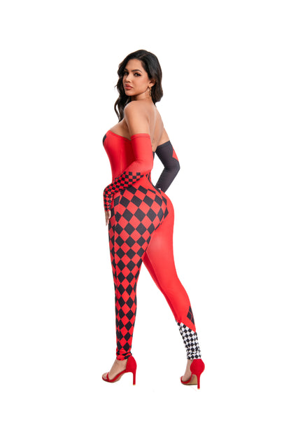 [You're My Secret] Halloween Cosplay Harley Q Clown Costume Sexy Jumpsuit for Women Bodysuit Masquerade Disguise Zentai Outfit