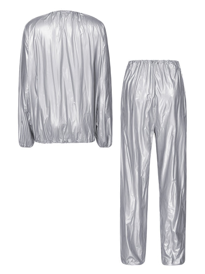 2Pcs Women Sauna Suit PVC Long Sleeve Elastic Cuff Top Pants Set Fitness Gym Workout Outfit Sweat Suits for Adults Clothes Sets