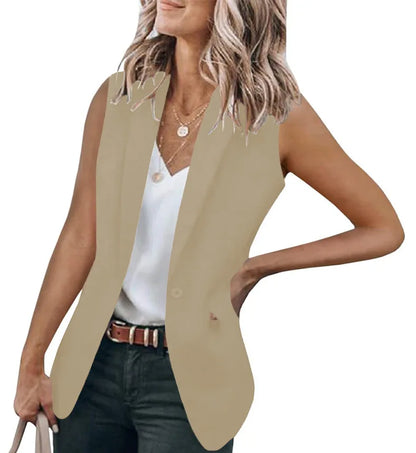 2023 Autumn New Style Sleeveless Solid Color Suit Collar Loose Cardigan Women's Wear