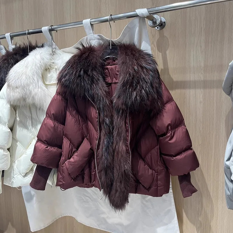 OFTBUY 2025 New Winter Large Real Raccoon Fur Puffer Coat Women Oversized Feather Down Parka Knit Sleeve White Duck Down Jacket