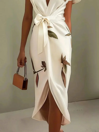 Yeezzi Women's Elegant V-Neck Leaf Printed Party Evening Midi Dresses 2025 New Short Sleeves Split-Joint Tied Waist Prom Gowns