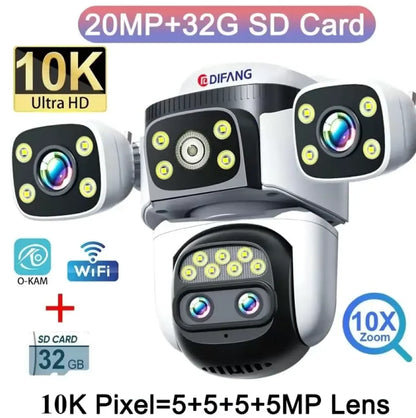 Outdoor 10K WiFi6 Camera 20MP 10X Optics Zoom Three Screen Four Len PTZ Automatic Tracking 6K Dual Lens Waterproof Security CCTV