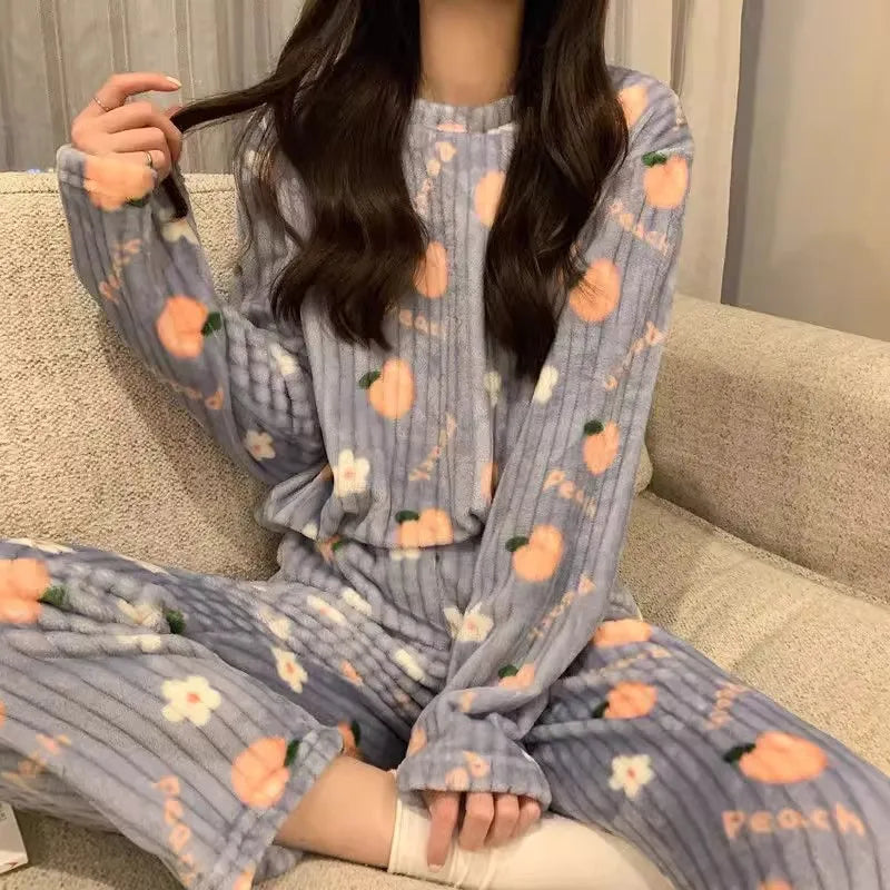 Adorable Sweet Coral Fce Thiened Autumn Winter Spwear Women's Casual Home Clothes Set Long Pants Comfortable Leisure ...