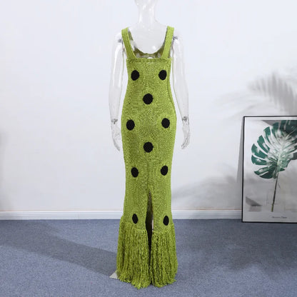 Designed Polka Dot Knitted Long Dress V Neck Hollow Out Fringe Hem Dresses 2025 Summer New Women's Elegant Party Evening Gown