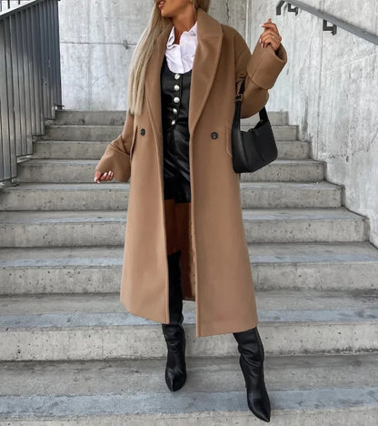 Women's Coat Autumn Winter, Long Sleeve, Notch Collar, Double-Breasted Solid, Casual Loose Long Woolen Jacket Coat