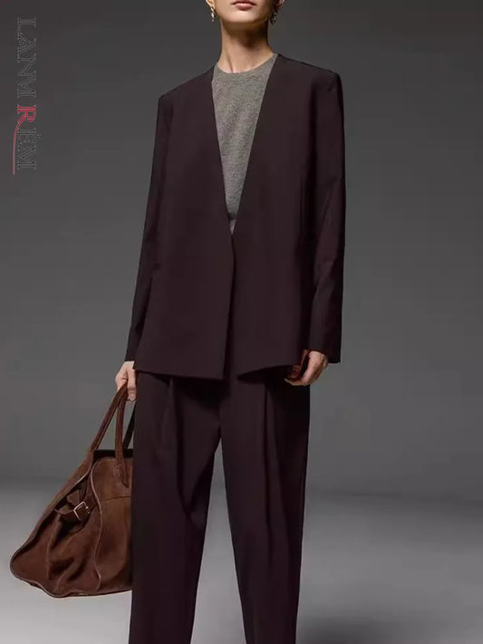 [LANMREM] Elegant 2 Piece Set Women's V Neck Cardigan Blazers High Waist Straight Slim Pants Fashion 2025 Spring New 26C1662