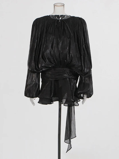 TWOTWINSTYLE Elegant Ruched Mini Dress For Women Round Neck Lantern Long Sleeve High Waist Temperament Dresses Female Fashion