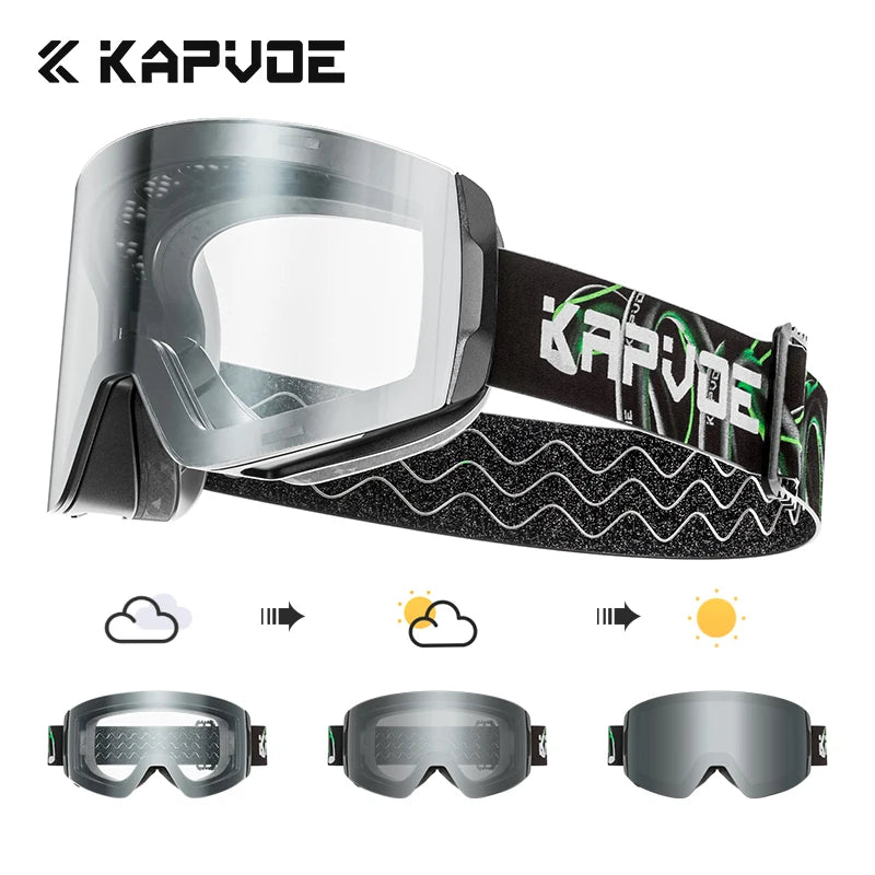 KAPVOE New Outdoor Photochromic Ski Goggles Winter Snow Sports for Unisex Snow Glasses UV400 Anti-fog Magnetic Snowboard Glasses