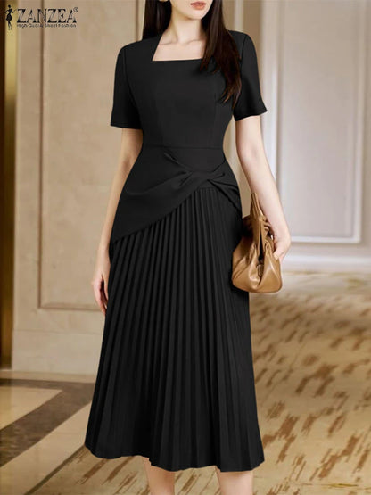 ZANZEA Elegant Office Work Dresses 2025 Women Summer Dress Square Neck Party Sundress Fashion Short Sleeve Pleated Vestidos Robe