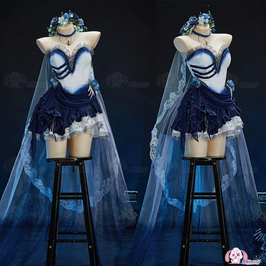 Zombie Bride Cosplay Costume Blue Ombre Gothic Victorian Lace Dress Halloween Anime Game Role Playing Outfit For Women Men