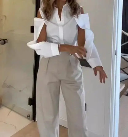 Two Piece Set Women Outfit Spring Summer New Elegant Off Shoulder Turn-Down Collar Shirt & High Waist Straight Pants Set