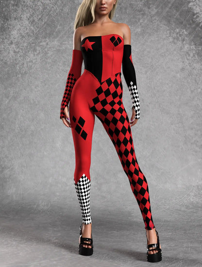 [You're My Secret] Halloween Cosplay Harley Q Clown Costume Sexy Jumpsuit for Women Bodysuit Masquerade Disguise Zentai Outfit