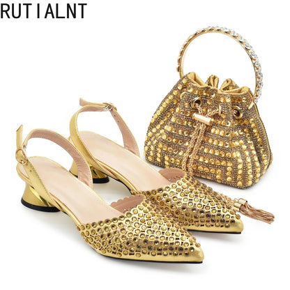 New Fashion Gold Color Shoes and Bags To Match Set Nigeria Party Women's Wedding Bag and Shoe Set Decorated with Rhinestone