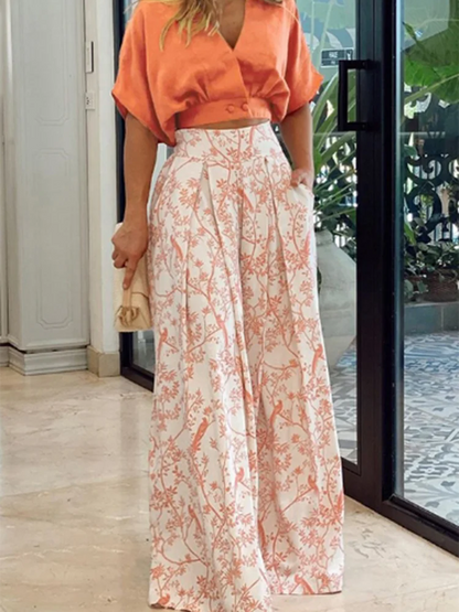 Solid Color V-neck Short Sleeved Floral Print Women's Wide Leg Pants High Street Fashion Daily Versatile Summer Set