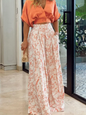 Solid Color V-neck Short Sleeved Floral Print Women's Wide Leg Pants High Street Fashion Daily Versatile Summer Set