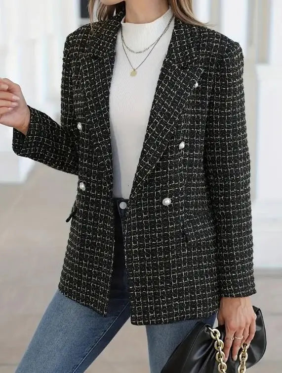 Women's Blazer Autumn Winter New Fashion Button Design Double Breasted Elegant Notched Collar Long Sleeve Casual Blazer