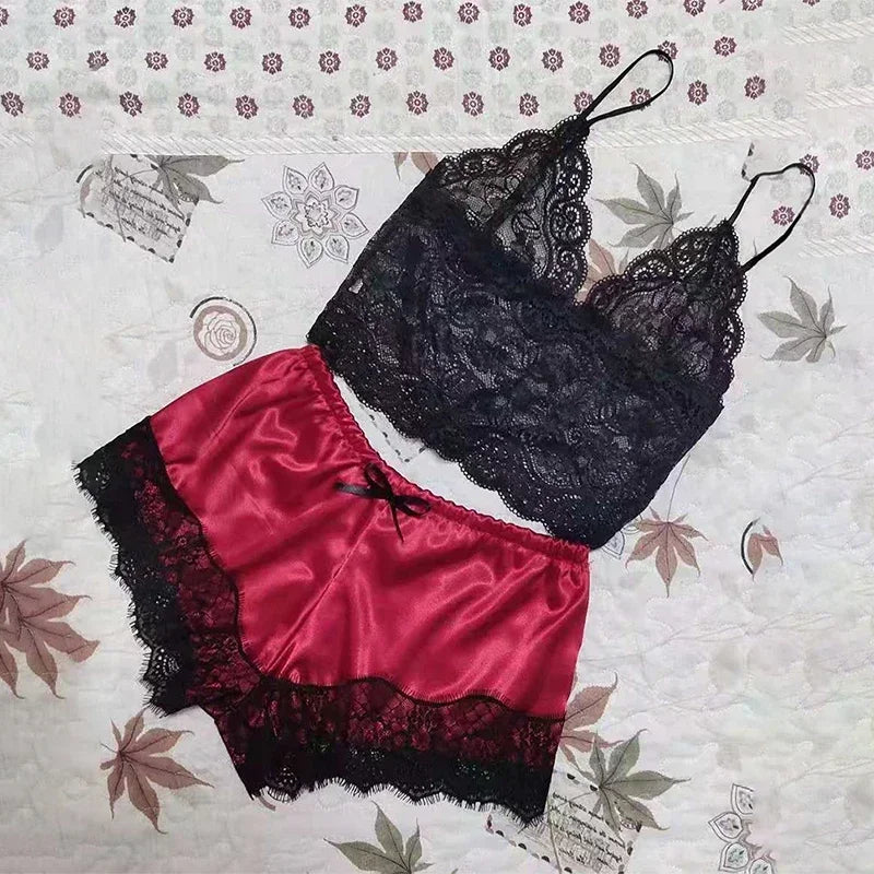 Summer Sexy Sleepwear Womens Lace Sleeveless V-Neck Pajamas Set Lingerie Babydoll Tops Shorts Set Nightwear