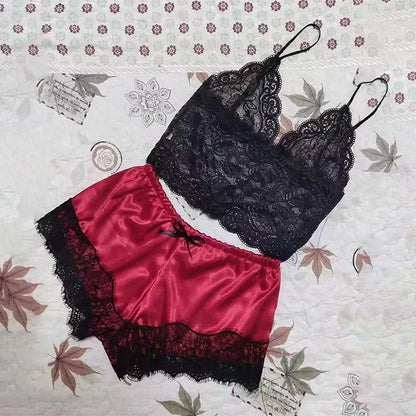 Summer Sexy Sleepwear Womens Lace Sleeveless V-Neck Pajamas Set Lingerie Babydoll Tops Shorts Set Nightwear